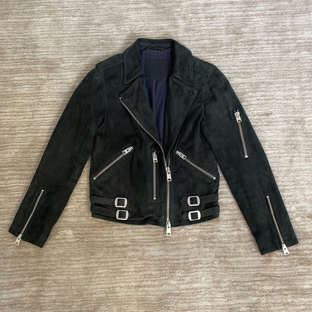 All Saints Edwards Biker Goat Suede Biker Jacket Navy/Gray Size US 2 - Picture 4 of 9